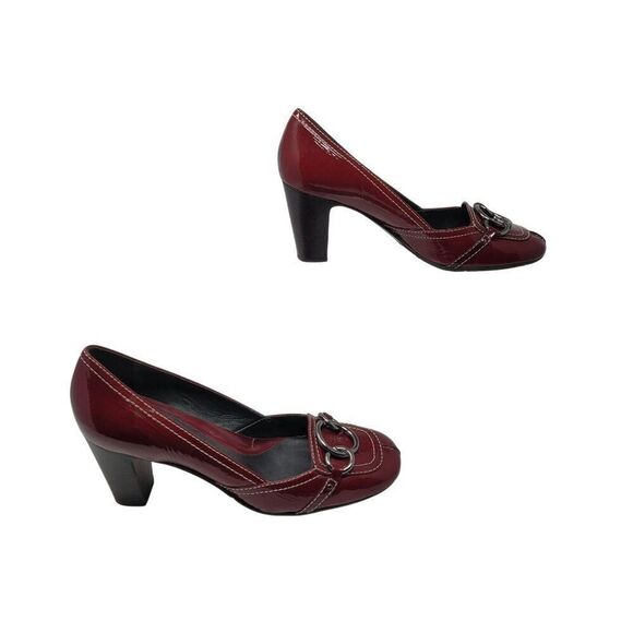 Arturo Chiang Womens Red Patent Leather Heel Loafer 8.5 Chain Accent Retro Geek - Picture 7 of 12